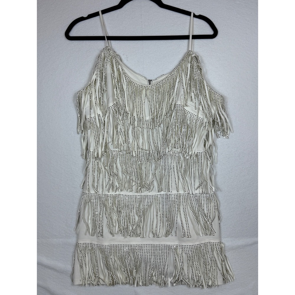 NYLON APPAREL Rhinestone Fringe Mini Dress White Spaghetti Strap Party Size MED